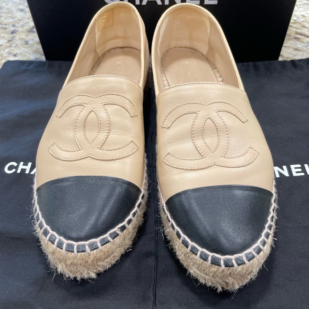 CHANEL Beige Leather Espadrilles with Black Cap Toe